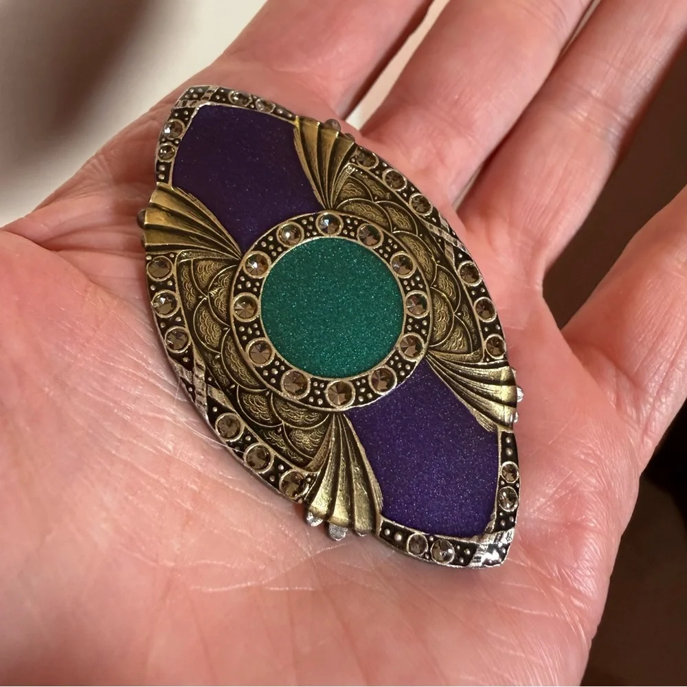 Catherine Popesco France Art deco brass purple green enameled Brooch